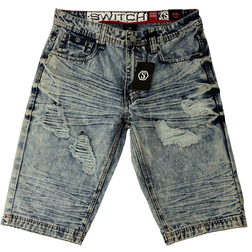 NWT Switch Remarkable Mens Grey Acid Wash Distressed Denim Shorts Size 30